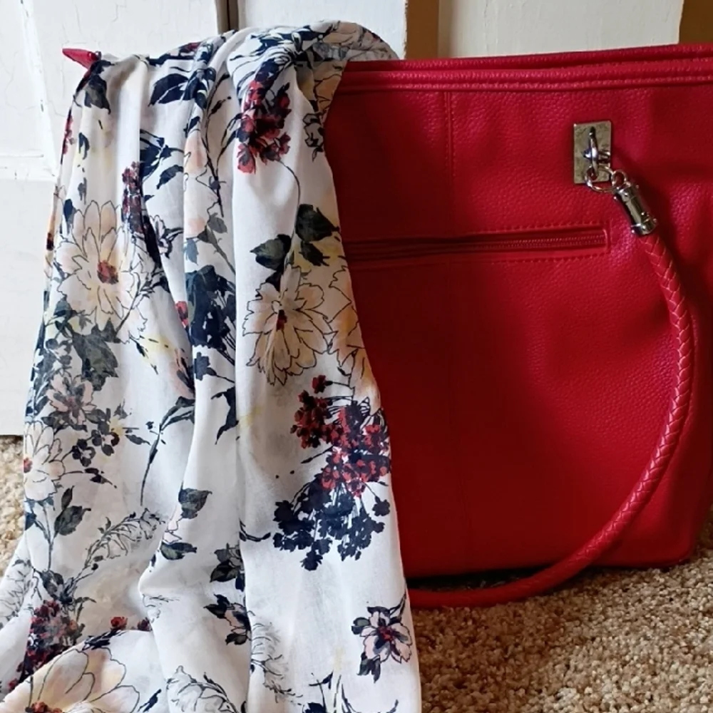 Loft Fashion White Floral Scarf with Navy & Burgundy Accents